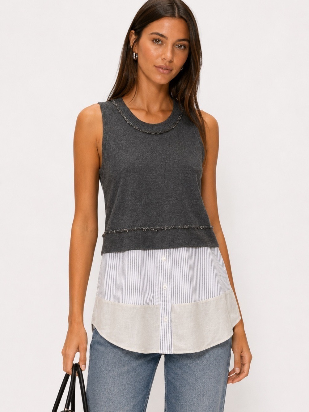 10 Crosby Derek Lam Charcoal Knit Cream Layered Tank Top Size 6